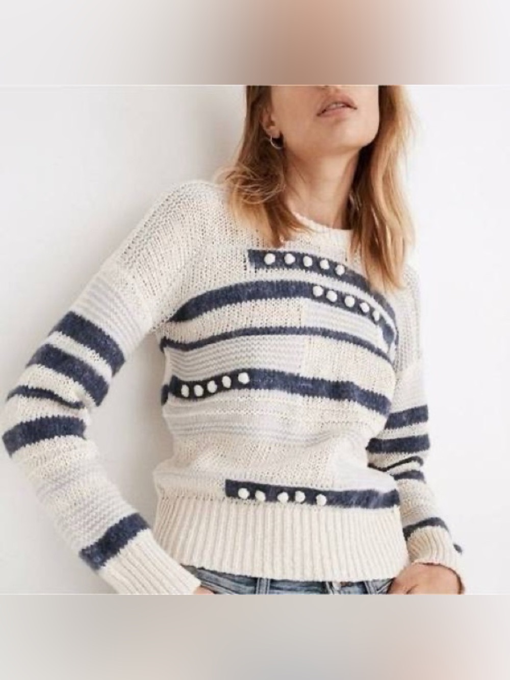 Madewell cream navy chunky striped sweater xxs grandover bobble pull over